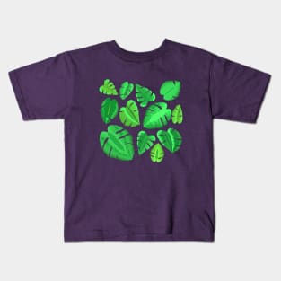 Monstera Plant Leaf Pattern (Plum Purple Background) Kids T-Shirt